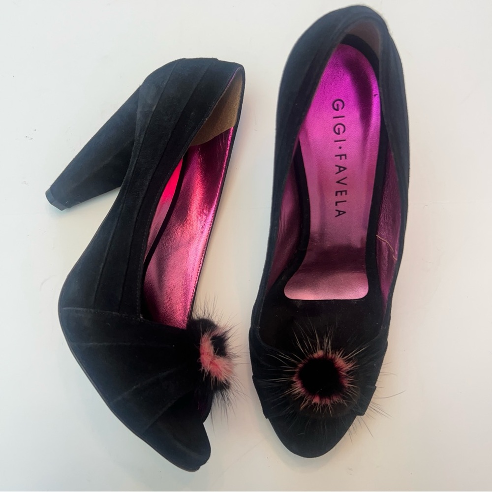 Gigi Favela Black Suede Puff Toe Heel, Size 41=8.5